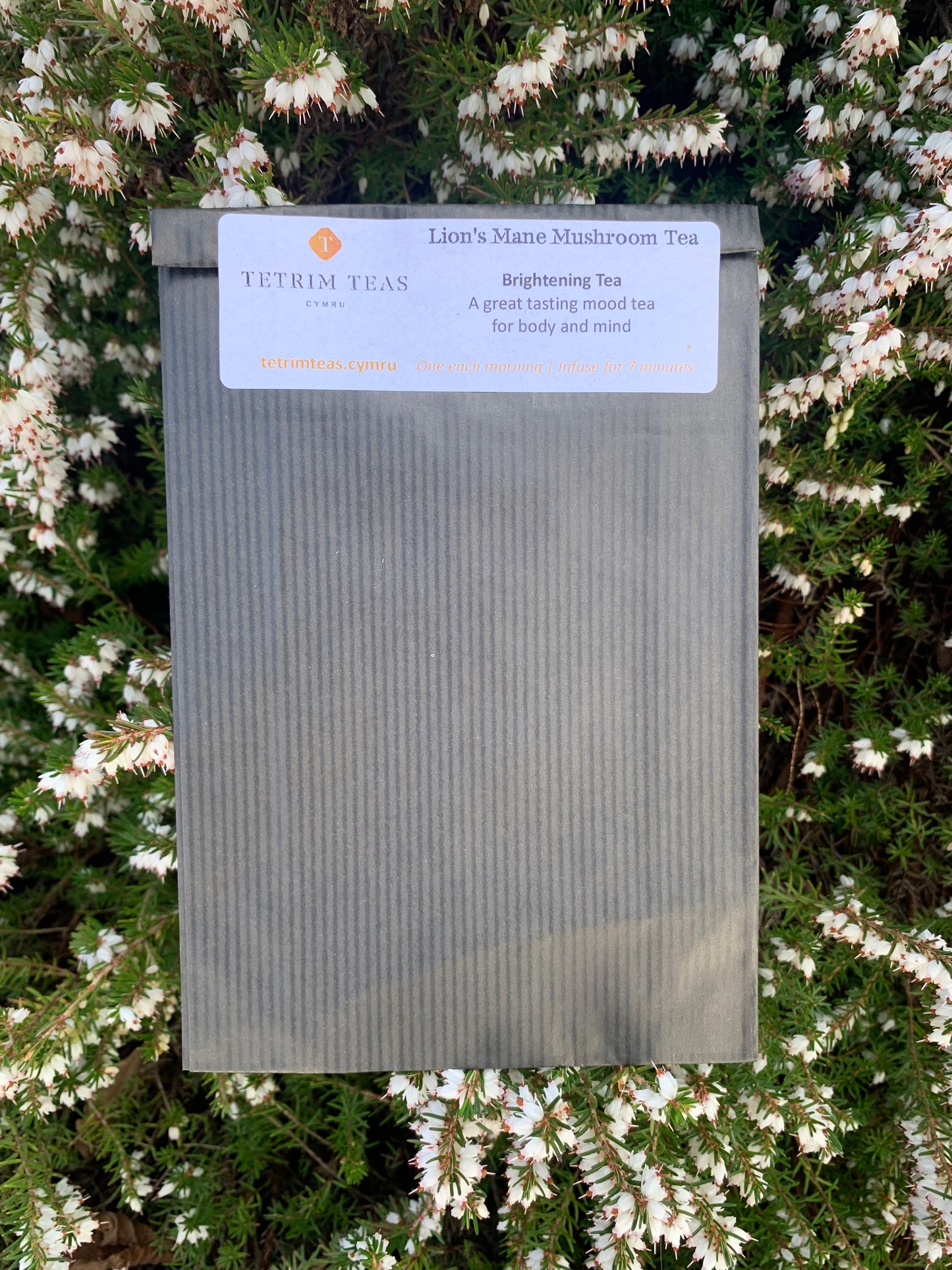 A package of Tetrim Teas Lion's Mane Mushroom Brightening Tea with Cardamom, Chilli & Ginger, featuring three biodegradable, plastic-free tea bags, placed against a floral background.